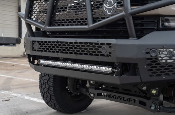 The Midnight front bumper features tough construction and a durable black powder coat finish.