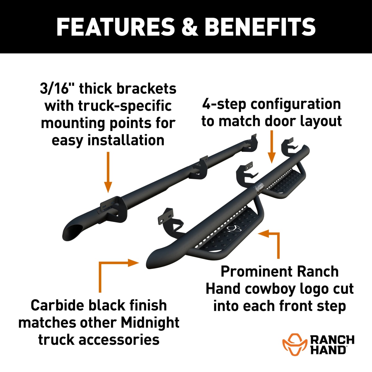 Midnight 4-Step Running Steps, Fits Select Dodge, Ram 1500, 2500